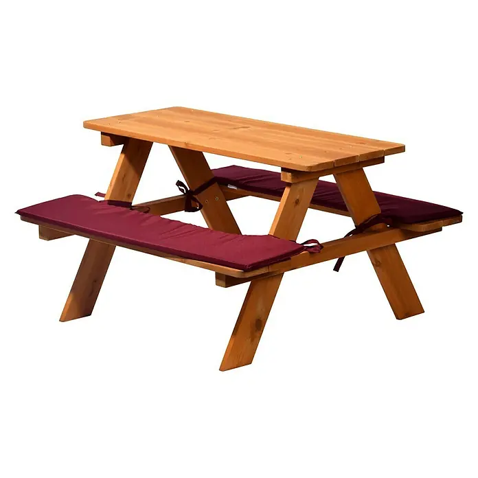 Dobar Kinder-PicknicktischL x B x H: 89 x 79 x 50 cm - Abgebildeter Picknicktisch aus Holz mit roten Sitzkissen für bequemes Essen im Freien. Perfekt für Garten, Terrasse und Camping.