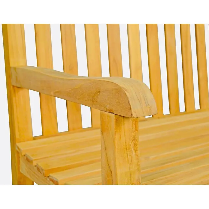 Teak Gartenbank 150 cm Holzbank massiv 3-Sitzer -  - Helle Holzbank mit gebogener Armlehne, Lattenrücken und Sitzfläche.