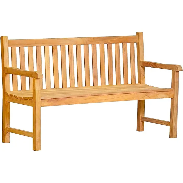 Teak Gartenbank 150 cm Holzbank massiv 3-Sitzer -  - Hellbraune Holzgartenbank mit Lattenrostsitz und -lehne sowie Armlehnen.