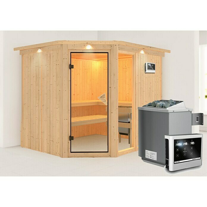 Karibu Systemsauna Fiona 3 (Mit Saunaofen 9 kW inkl. Steuerung Easy, Mit Dachkranz und Beleuchtung, 196 x 231 x 198 cm)