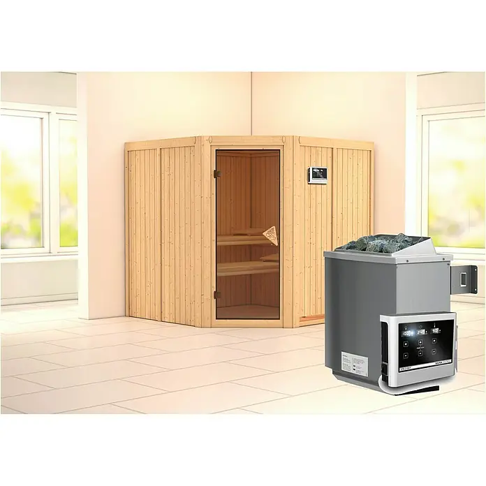 Karibu Elementsauna Jarin - Mit 9 kW Ofen mit externer Steuerung, Ohne Dachkranz, Materialspezifizierung Tür: Ganzglas Bronze, L x B x H: 196 x 196 x 192 cm - Einrichtung mit einer Holzsauna und einem grauen Saunaofen mit Steinen oben drauf für ein entspannendes Saunaerlebnis.