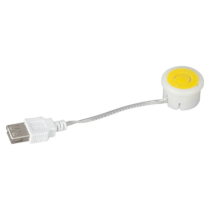 Tween Light LED-Dekoleuchte Gamepad Controller - Transparent, Kunststoff, L x B x H: 1,5 x 32 x 21 cm - Weißer USB-A-Buchsenadapter mit transparentem Kabel, verbunden mit einem weißen zylindrischen Knopf und gelbem 'TRY ME'-Taster.