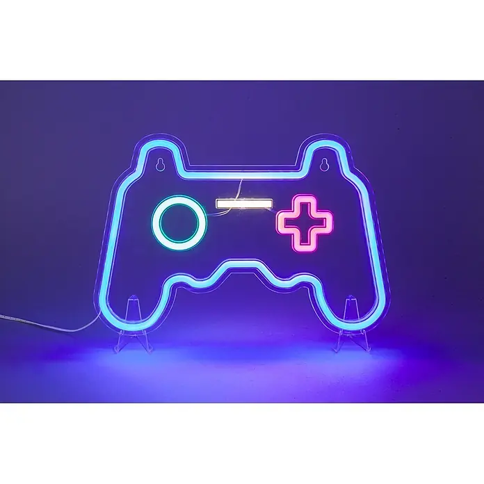 Tween Light LED-Dekoleuchte Gamepad Controller - Transparent, Kunststoff, L x B x H: 1,5 x 32 x 21 cm - Neon-LED-Schild in Form eines Gamecontrollers, blau, grün, pink und gelb leuchtend, auf klaren Stützen vor dunklem Hintergrund.