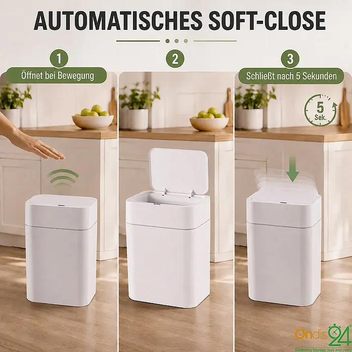 Ondis24 Sensormülleimer 12l weiß, Kunststoff -  - Weißer automatischer Soft-Close-Mülleimer, der in einer Küche bei Bewegung öffnet und nach 5 Sekunden schließt.