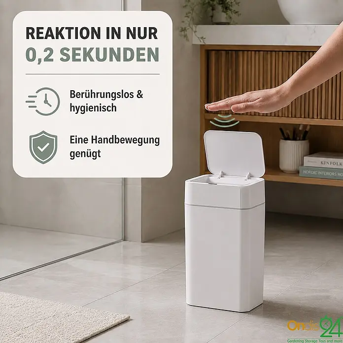 Ondis24 Sensormülleimer 12l weiß, Kunststoff -  - Weißer smarter Mülleimer mit offenem Deckel, der auf Handbewegung reagiert und seine berührungslose Funktion demonstriert.
