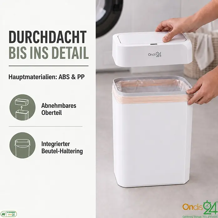Ondis24 Sensormülleimer 12l weiß, Kunststoff -  - Weißer Mülleimer aus ABS/PP mit abnehmbarem Oberteil und integriertem Beutel-Haltering, eine Hand zeigt die Funktionen.