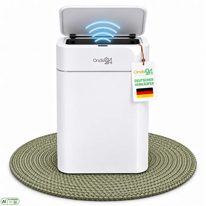 Ondis24 Sensormülleimer 12l weiß, Kunststoff -  - Weißer rechteckiger Abfalleimer mit automatischem Bewegungssensor, geöffnetem Deckel, blauen Sensorwellen und "Deutscher Verkäufer"-Anhänger.