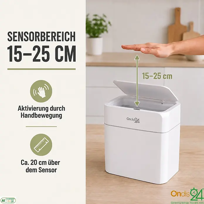 Ondis24 Sensormülleimer 12l weiß, Kunststoff -  - Weißer automatischer Mülleimer mit offenem Deckel, eine Hand darüber demonstriert die Sensoraktivierung. Sensorbereich 15-25 cm.