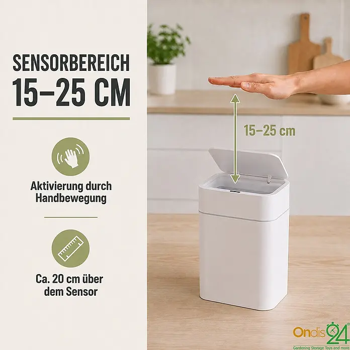 Ondis24 Sensormülleimer 12l weiß, Kunststoff -  - Weißer Sensor-Mülleimer mit geöffnetem Deckel, eine Hand aktiviert den Sensor, Reichweite 15-25 cm.