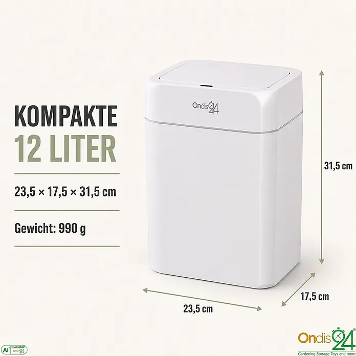 Ondis24 Sensormülleimer 12l weiß, Kunststoff -  - Weißer kompakter 12-Liter-Abfalleimer mit Deckel und Maßen 23,5 x 17,5 x 31,5 cm.