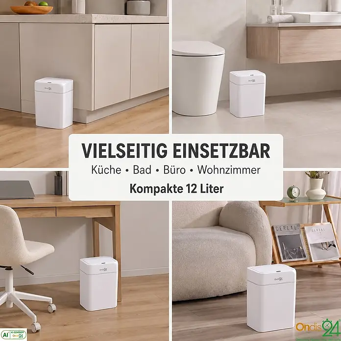 Ondis24 Sensormülleimer 12l weiß, Kunststoff -  - Weißer, kompakter 12-Liter-Sensor-Mülleimer, gezeigt in Küche, Bad, Büro und Wohnzimmer, unterstreicht seine vielseitige Nutzung.