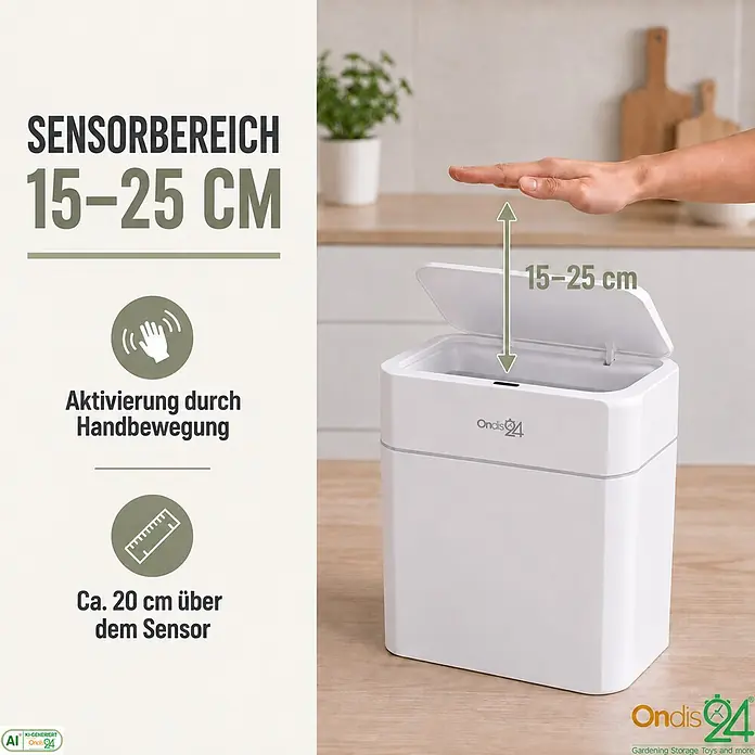 Ondis24 Sensormülleimer Set 12&16L Weiß, Kunststoff -  - Weißer Automatik-Mülleimer mit offenem Deckel, eine Hand aktiviert den 15-25 cm Bewegungssensor.
