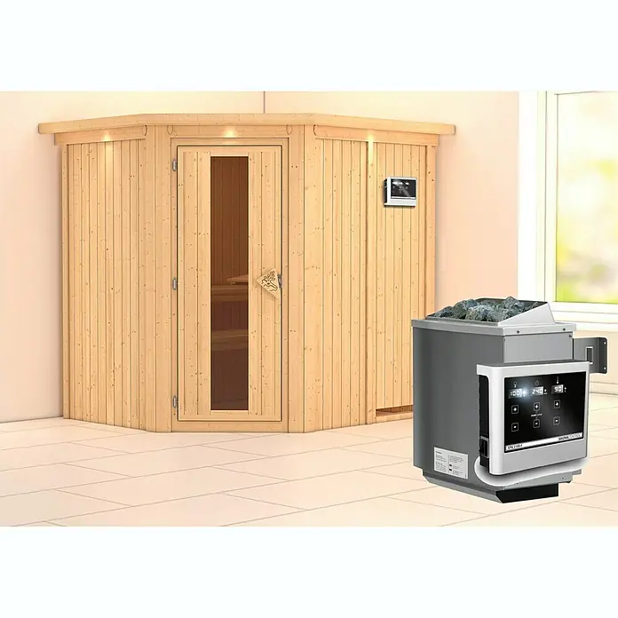 Karibu Elementsauna Siirin - Mit 9 kW Ofen mit externer Steuerung, Mit Dachkranz und Beleuchtung, Materialspezifizierung Tür: Massivholztür, L x B x H: 210 x 184 x 192 cm - Abbildung einer Sauna mit eingebautem Saunaofen mit Steinen und Steuerung.