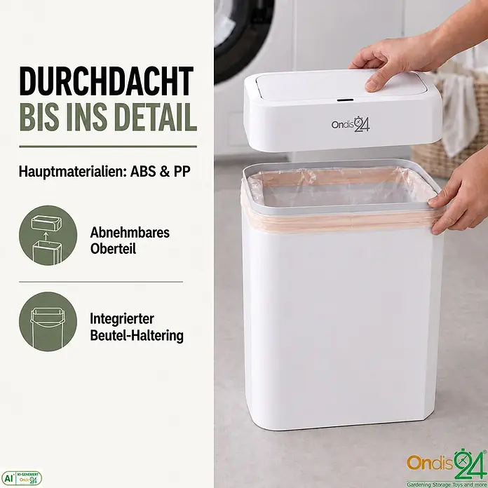 Ondis24 Sensormülleimer Set 12&16L Weiß, Kunststoff -  - Weißer rechteckiger Mülleimer aus ABS und PP mit abnehmbarem Deckel und integriertem Beutelhalter. Hände befestigen einen Müllsack.