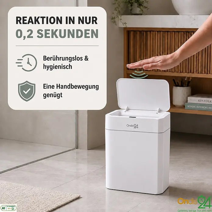 Ondis24 Sensormülleimer 16l Weiß, Kunststoff -  - Weißer smarter Sensor-Mülleimer mit geöffnetem Deckel, eine Hand aktiviert die berührungslose Funktion darüber.