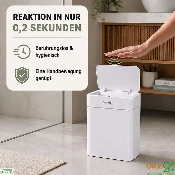 Ondis24 Sensormülleimer Set 12&16L Weiß, Kunststoff -  - Weißer automatischer Mülleimer mit offenem Deckel, der durch eine Handbewegung berührungslos und hygienisch im Badezimmer aktiviert wird.