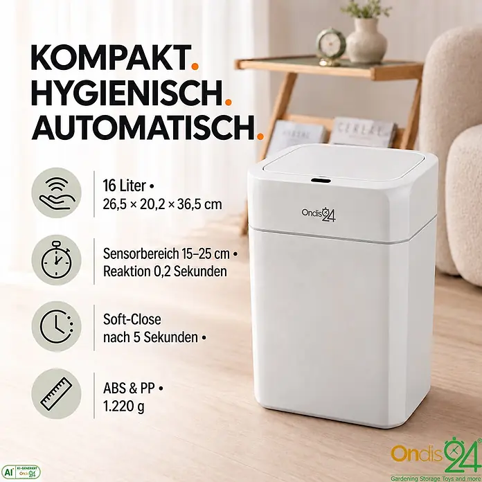 Ondis24 Sensormülleimer 16l Weiß, Kunststoff -  - Kompakter, weißer Automatik-Mülleimer mit Sensor aus ABS & PP auf Holzfußboden.