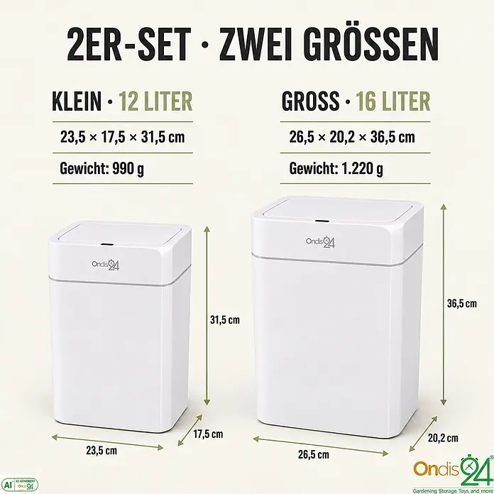 Ondis24 Sensormülleimer Set 12&16L Weiß, Kunststoff -  - Zwei weiße rechteckige Abfalleimer mit Deckel, 12L und 16L, mit Maßen und Gewichten.