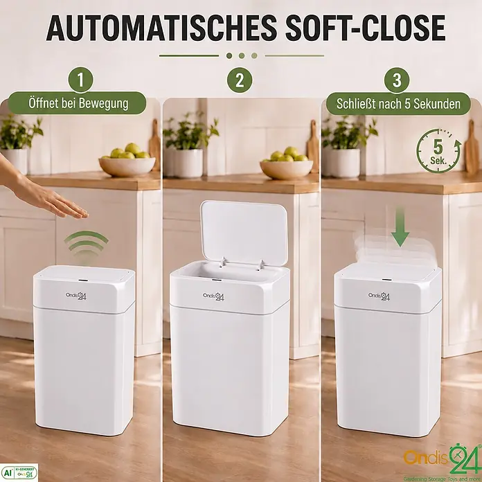Ondis24 Sensormülleimer Set 12&16L Weiß, Kunststoff -  - Weißer automatischer Mülleimer, öffnet per Bewegung & schließt sanft nach 5s in einer Küche.