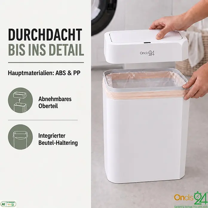 Ondis24 Sensormülleimer 16l Weiß, Kunststoff -  - Weißer rechteckiger Mülleimer aus ABS & PP mit abnehmbarem Oberteil und integrierter Beutelhalterung, gezeigt wie eine Hand den Deckel anhebt.