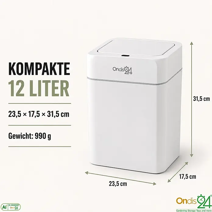 Ondis24 Sensormülleimer 16l Weiß, Kunststoff -  - Weißer kompakter 12-Liter-Mülleimer, 23,5 x 17,5 x 31,5 cm, mit einem Gewicht von 990 g.