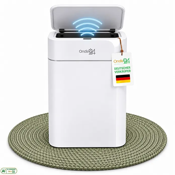 Ondis24 Sensormülleimer 16l Weiß, Kunststoff -  - Weißer rechteckiger Ondis 94 Sensor-Mülleimer mit offenem Deckel und aktivem Sensor auf grüner Flechtmatte.