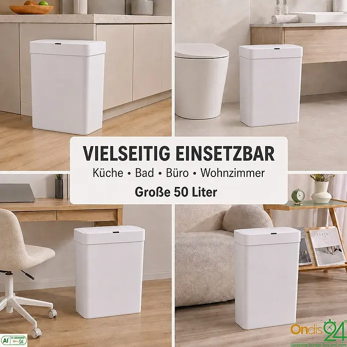 Ondis24 Sensormülleimer 50l Weiß, Kunststoff -  - Weißer, rechteckiger 50-Liter-Mülleimer, vielseitig einsetzbar in Küche, Bad, Büro und Wohnzimmer.