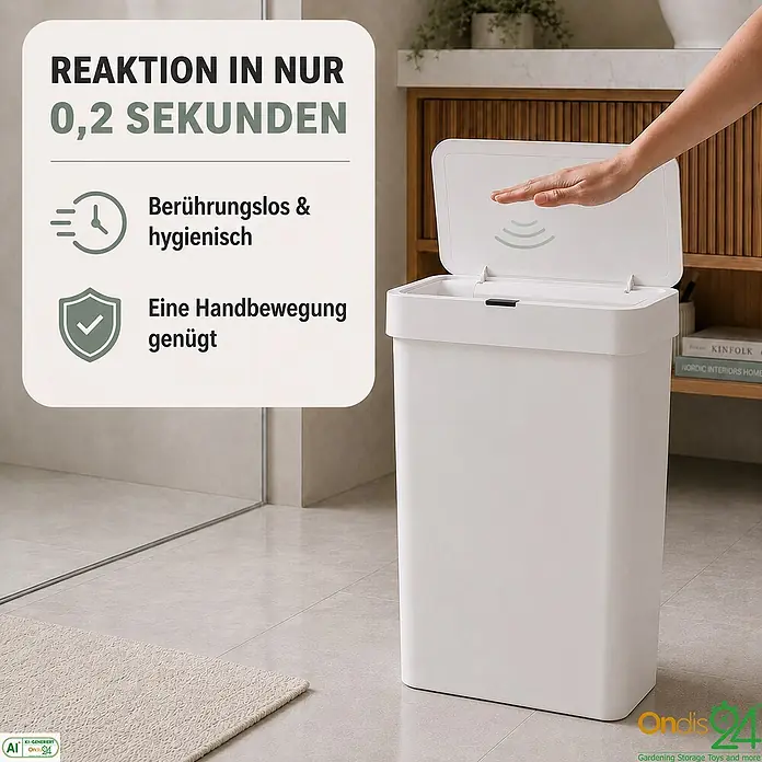 Ondis24 Sensormülleimer 50l Weiß, Kunststoff -  - Weißer rechteckiger Mülleimer mit Bewegungssensor, dessen Deckel sich in einem Badezimmer beim Handdrüberhalten automatisch öffnet.