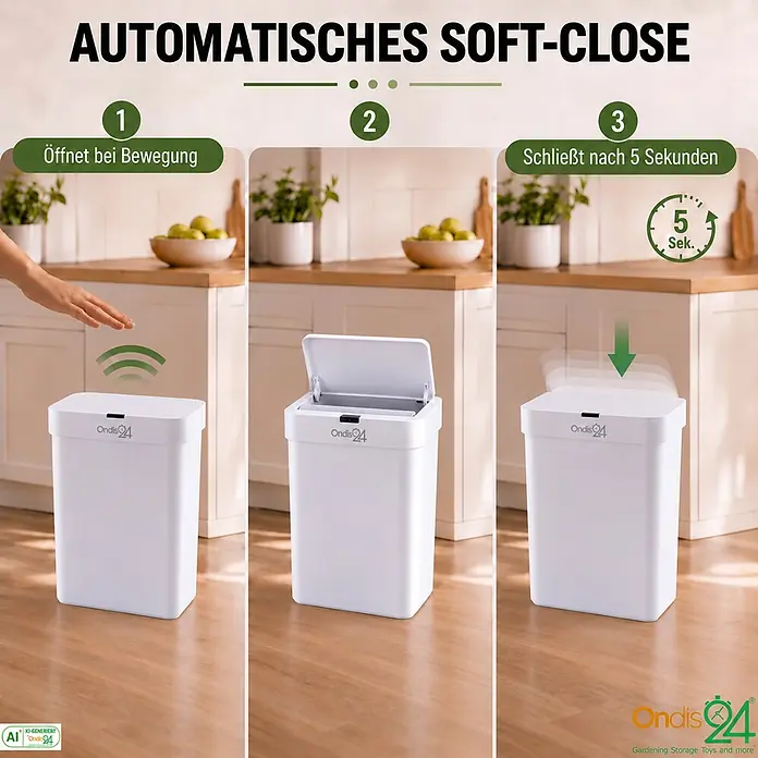 Ondis24 Sensormülleimer 50l Weiß, Kunststoff -  - Weißer automatischer Soft-Close-Mülleimer in einer Küche, öffnet sich bei Bewegung und schließt nach 5 Sek.