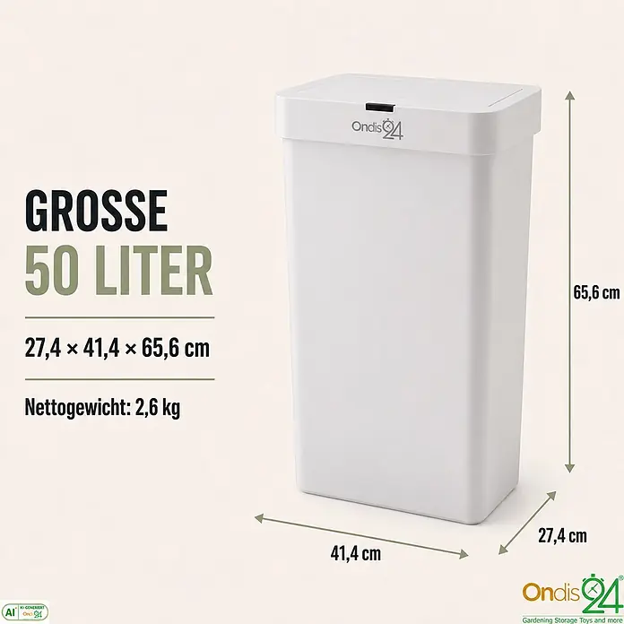 Ondis24 Sensormülleimer 50l Weiß, Kunststoff -  - Großer weißer rechteckiger 50-Liter-Abfalleimer mit Deckel.