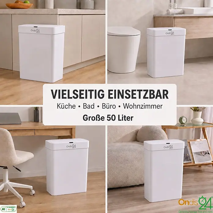 Ondis24 Sensormülleimer 50l Weiß, Kunststoff -  - Weißer, rechteckiger 50-Liter-Abfalleimer, der in Küche, Bad, Büro und Wohnzimmer für vielseitigen Einsatz gezeigt wird.