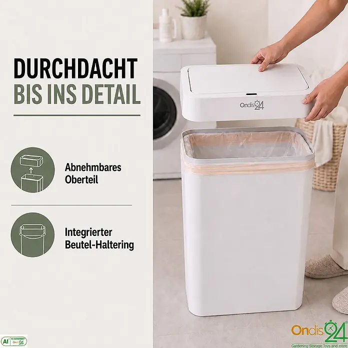 Ondis24 Sensormülleimer 50l Weiß, Kunststoff -  - Weißer rechteckiger Mülleimer mit abnehmbarem Deckel, der von Händen angehoben wird, um den integrierten Beutelhalter zu zeigen.