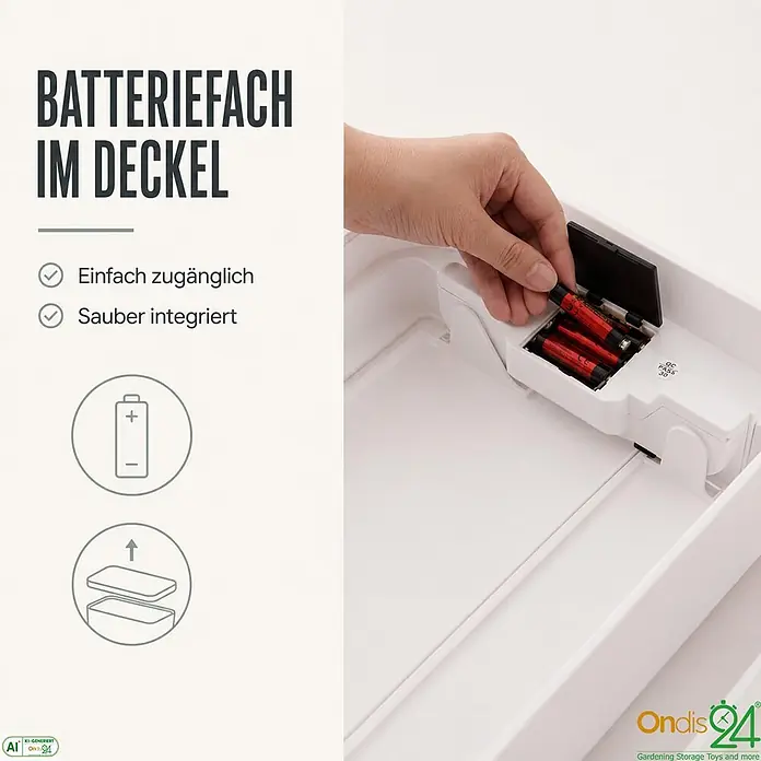 Ondis24 Sensormülleimer 50l Weiß, Kunststoff -  - Eine Hand legt rote Batterien in ein sauber integriertes Fach in einem weißen Deckel.