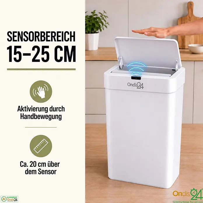 Ondis24 Sensormülleimer 50l Weiß, Kunststoff -  - Weißer Sensor-Mülleimer in einer Küche, aktiviert durch Handbewegung.