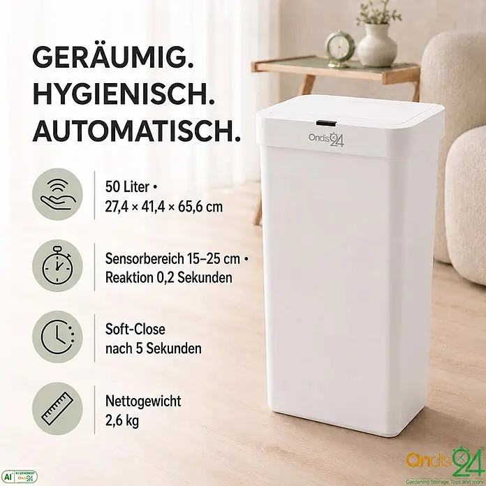 Ondis24 Sensormülleimer 50l Weiß, Kunststoff -  - Ein weißer, rechteckiger automatischer Sensor-Mülleimer auf einem hellen Holzboden in einem modernen Raum.