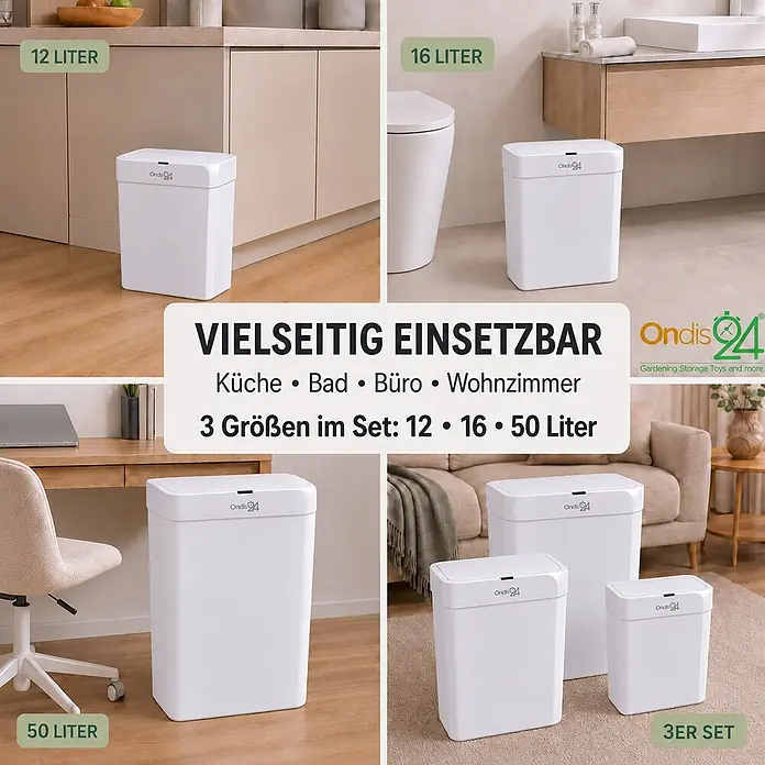 Ondis24 Sensormülleimer Set 12&16&50L Weiß, Kunststoff -  - Set aus drei weißen, rechteckigen Mülleimern (12, 16, 50 L), gezeigt in Küche, Bad und Büro.