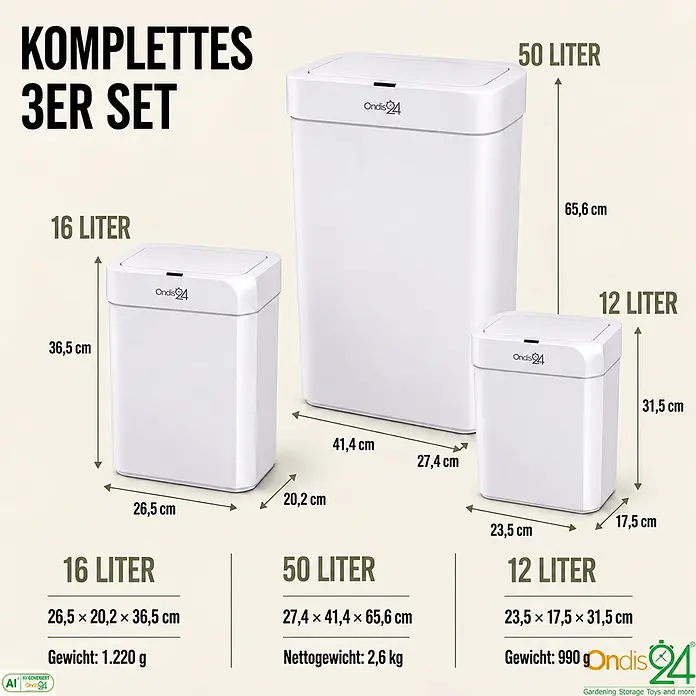 Ondis24 Sensormülleimer Set 12&16&50L Weiß, Kunststoff -  - Set aus 3 weißen rechteckigen Abfalleimern mit Deckel, in 12, 16 und 50 Liter, mit Maßen und Gewichtsangaben.