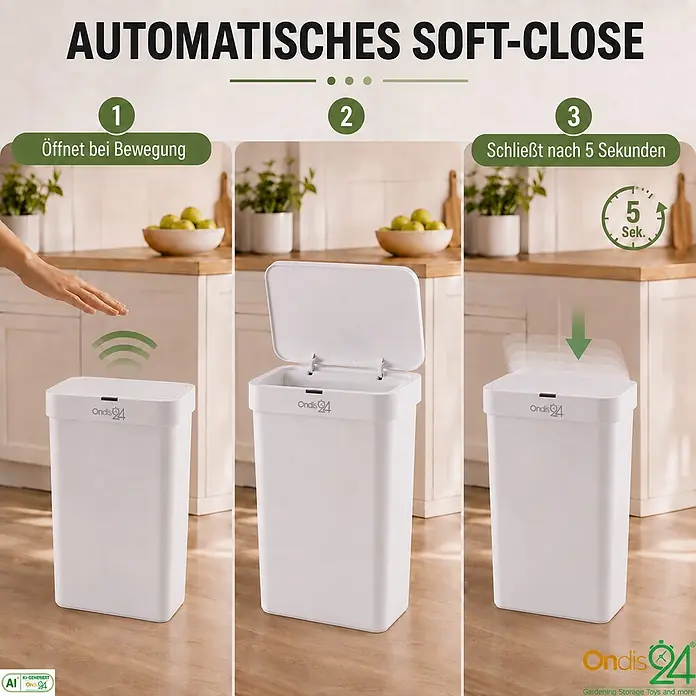 Ondis24 Sensormülleimer Set 12&16&50L Weiß, Kunststoff -  - Weißer automatischer Soft-Close-Mülleimer, der bewegungsaktiviertes Öffnen und zeitgesteuertes Schließen in einer Küche demonstriert.