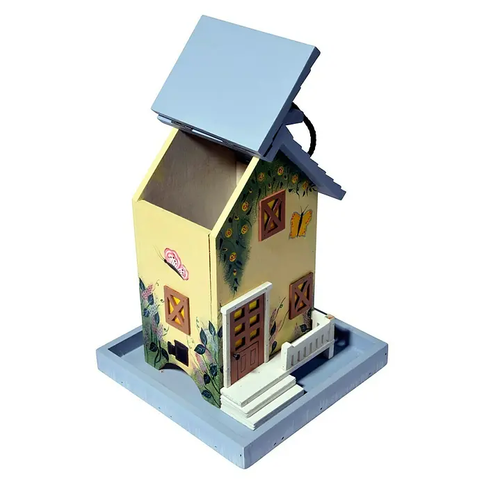 Dobar Vogelhaus Sommer - 18 x 18 x 23 cm - Ein charmantes Vogelhaus in Hausform mit blauer Basis und abnehmbarem Dach, verziert mit Blumen- und Schmetterlingsmotiven.