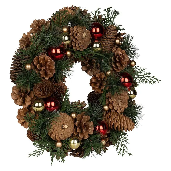 Dekokranz - 33 cm - Ein festlicher Kranz aus natürlichen Tannenzapfen, grünen Tannenzweigen und kleinen roten und goldenen Kugeln.