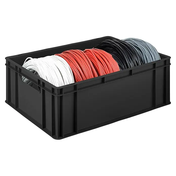BAUHAUS Eurobox - 21 l, L x B x H: 40 x 30 x 22 cm, Schwarz - Schwarze Kunststoff-Lagerbox gefüllt mit sauber aufgewickelten weißen, roten, schwarzen und grauen Elektrokabeln.