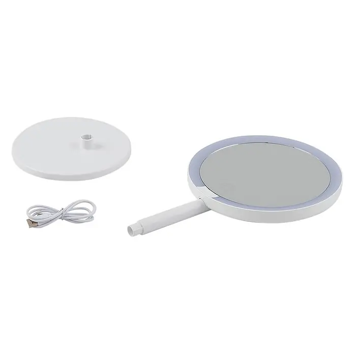 Lindby LED Renki dimmbar (Modern) in Weiß - 1 flammig, - Weißer runder LED-Kosmetikspiegel mit Griff, rundem Standfuß und USB-Kabel.