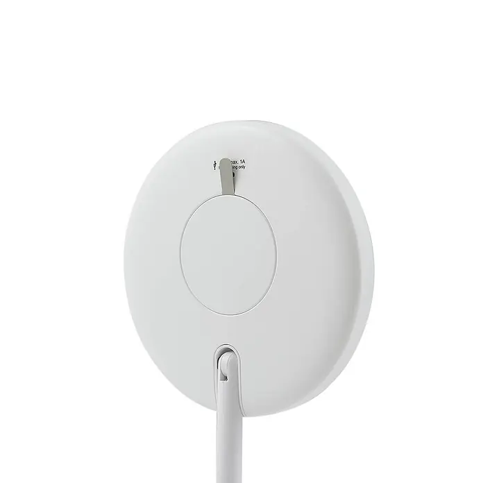 Lindby LED Renki dimmbar (Modern) in Weiß - 1 flammig, - Rückseite eines weißen, runden Geräts mit Scharnier, USB-Ladeanschluss und Text 'max. 1A'.