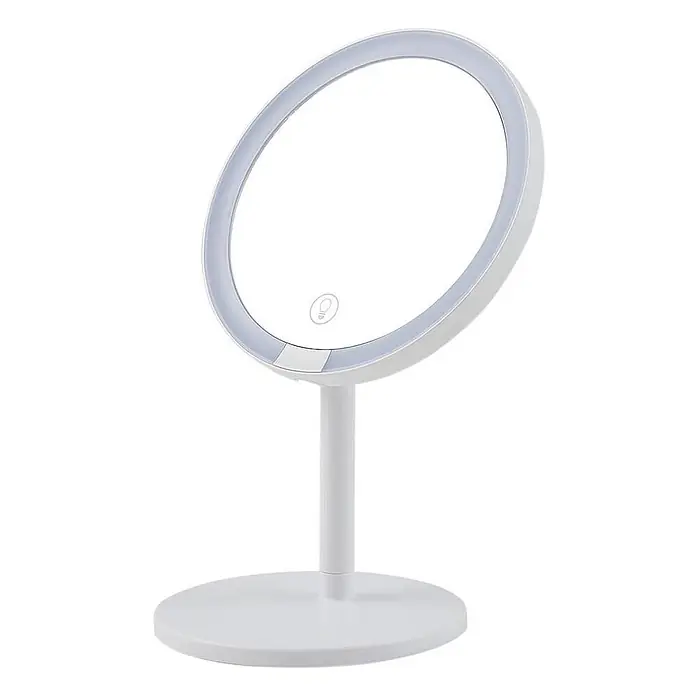 Lindby LED Renki dimmbar (Modern) in Weiß - 1 flammig, - Weißer, runder LED-Schminkspiegel auf einem Ständer mit Touch-Lichtsymbol.