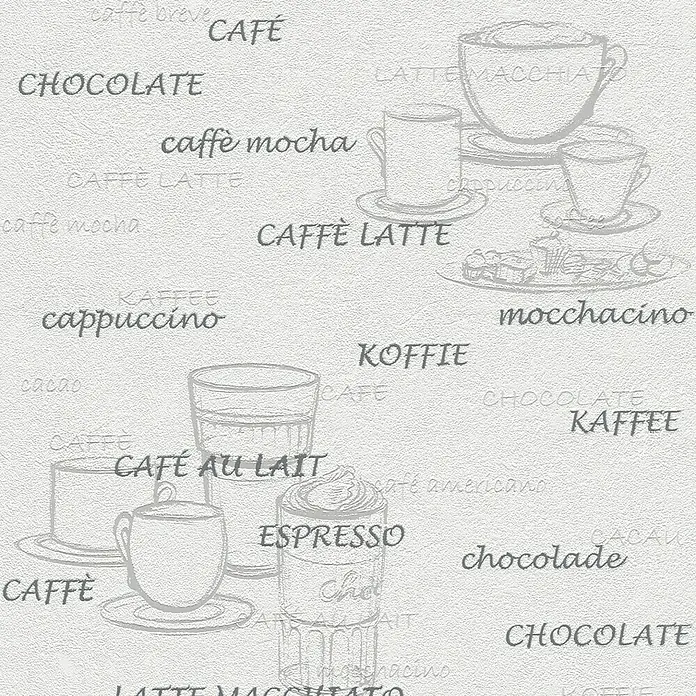 Rasch Vliestapete Kaffee - Creme/Grau, Grafisch, 10,05 x 0,53 m - Bild mit Kaffeespezialitäten und Schokoladengetränken wie Cappuccino, Latte Macchiato und Espresso, zusammen mit dem Wort "Schokolade".