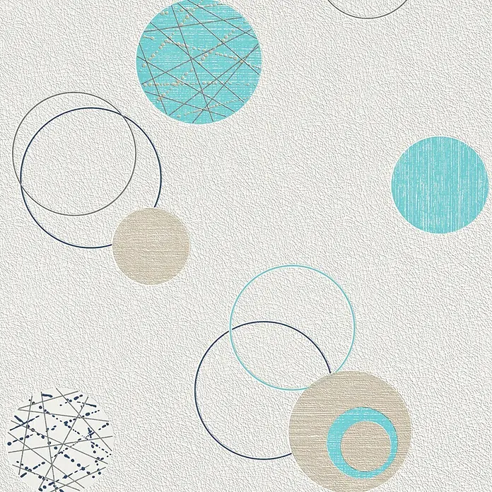 Rasch Vliestapete Kreise - Weiß/Blau, Grafisch, 10,05 x 0,53 m - Abstraktes Muster mit Kreisen in Blau, Grau und Beige auf strukturiertem, hellem Untergrund. Modernes Wanddesign.