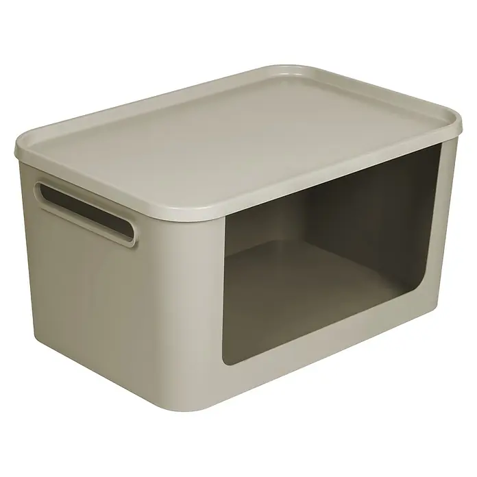 SmartStore Aufbewahrungsbox Module - L x B x H: 39,5 x 59,5 x 30 cm, Kunststoff, 55 l, Moss - Hellgraue Kunststoff-Aufbewahrungsbox mit Deckel und offenem Fach an der Vorderseite zur einfachen Entnahme oder als Griff.