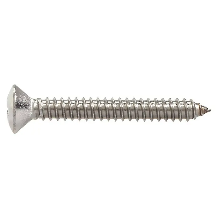 Marinetech BlechschraubeØ x L: 4,2 x 16 mm, A4, Edelstahl, Kopf-Kreuzschlitz (Pozidriv), Senkkopf - Nahaufnahme einer Senkkopfschraube aus Edelstahl mit Schlitz und spitzem Ende auf weißem Hintergrund.
