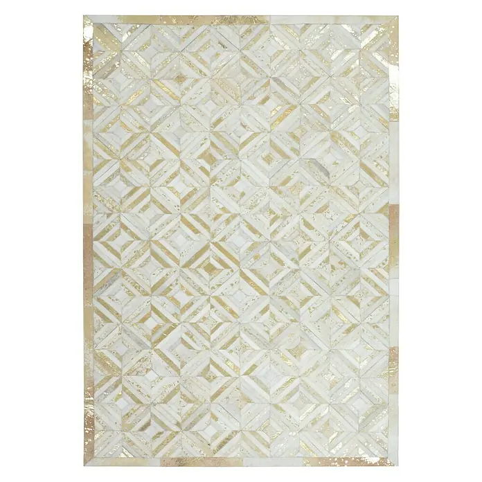 Kayoom Lederteppich DazzleElfenbein/Gold, 230 x 160 cm, 100 % Leder - Exquisiter gold-weißer Patchwork-Teppich, ideal für moderne Wohnräume. Das Muster sorgt für einen Hauch von Luxus und Eleganz in jedem Raum.