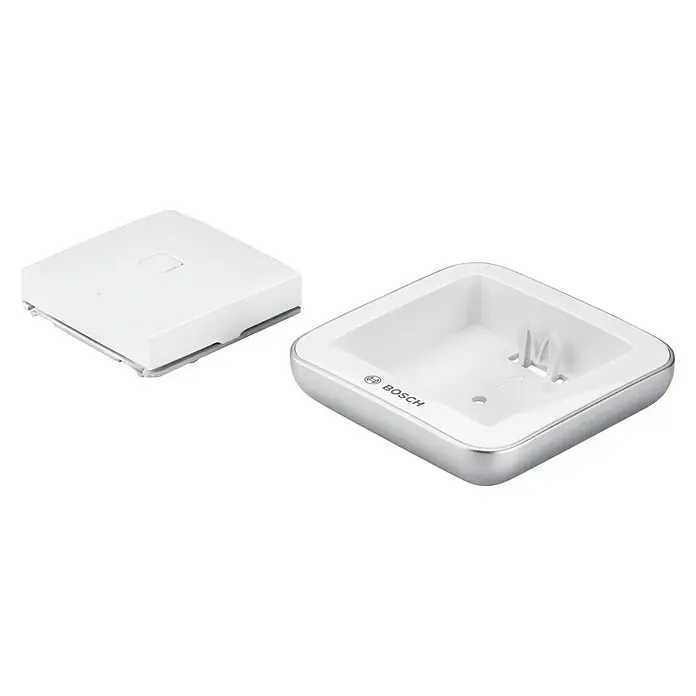 Bosch Smart Home Universalschalter Flex - Reichweite Funk: 200 m - Bosch Smart Home Bewegungsmelder und zugehörige Basisstation. Das Set besteht aus zwei Teilen und ist in Weiß gehalten.